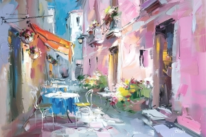 Terasa pe straduta cu cladiri roz si flori