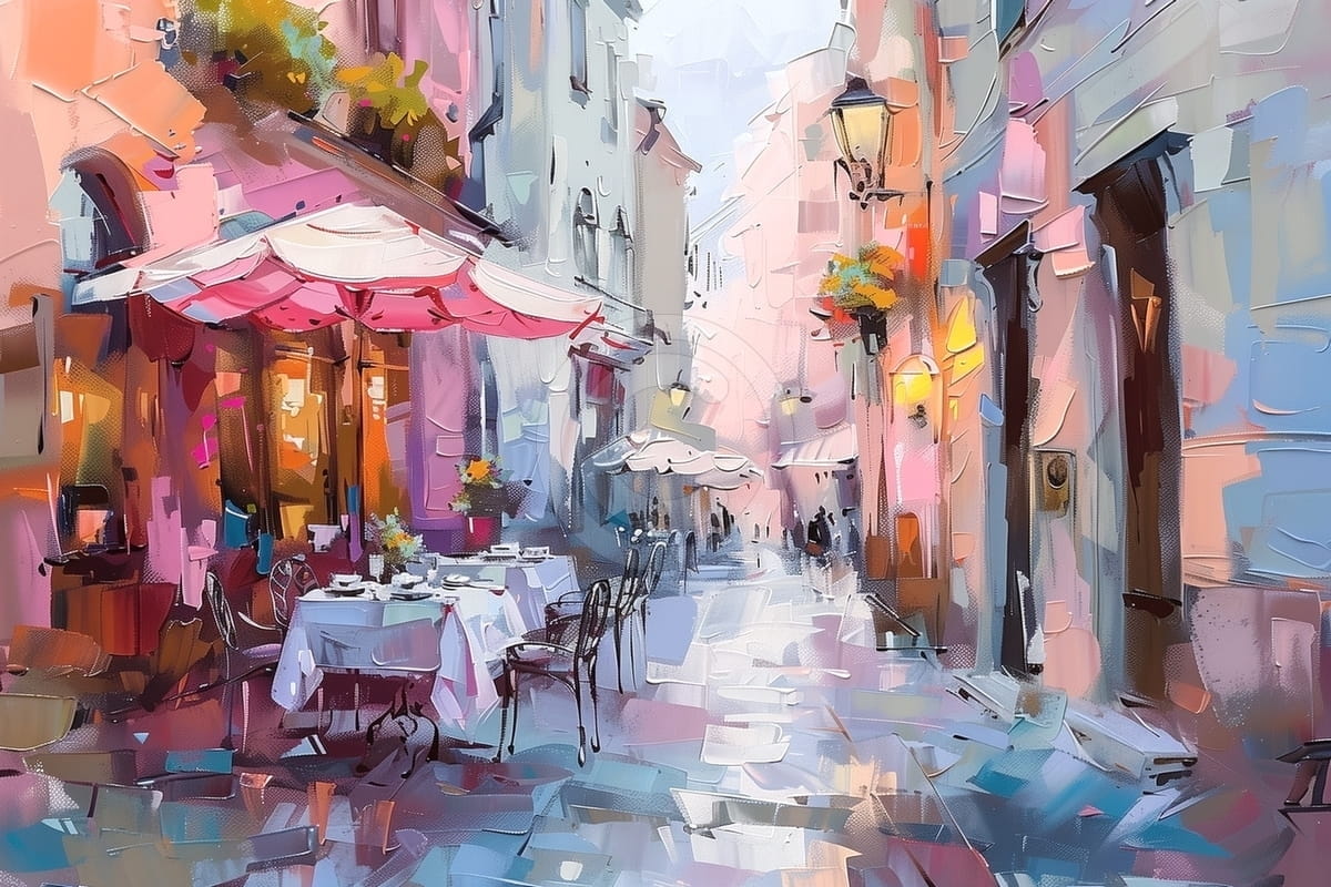 Tablou Straduta cu terasa si umbrele roz