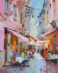 Straduta cu terase si oameni la cafenea