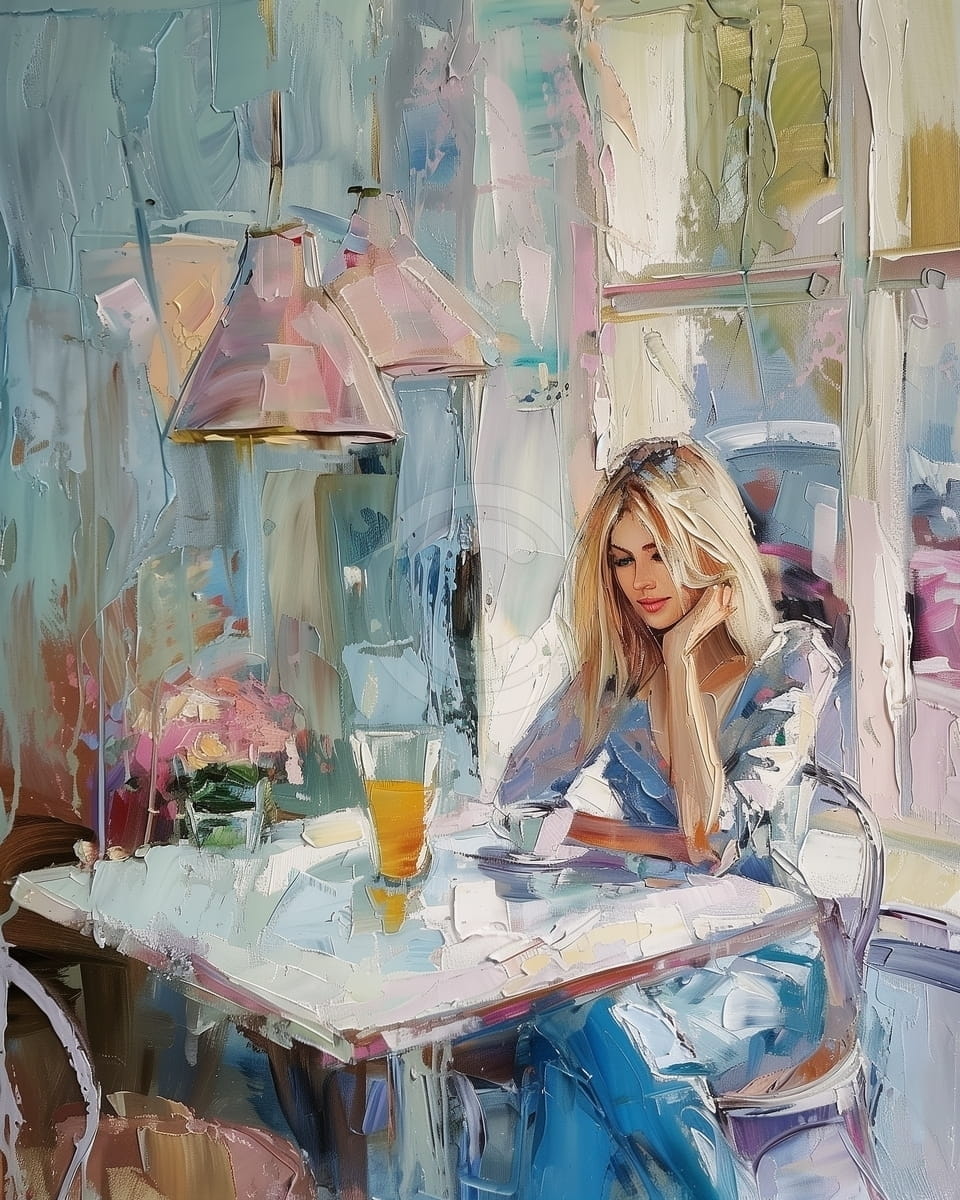 Tablou Femeie la cafenea cu pahar de suc