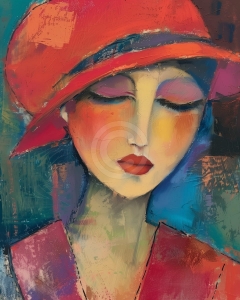 Femeie cu palarie rosie si ochi inchisi