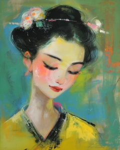 Femeie asiatica in kimono galben