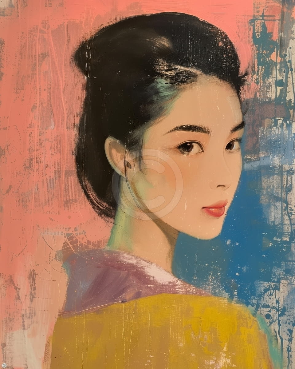 Tablou Portret femeie asiatica in kimono galben