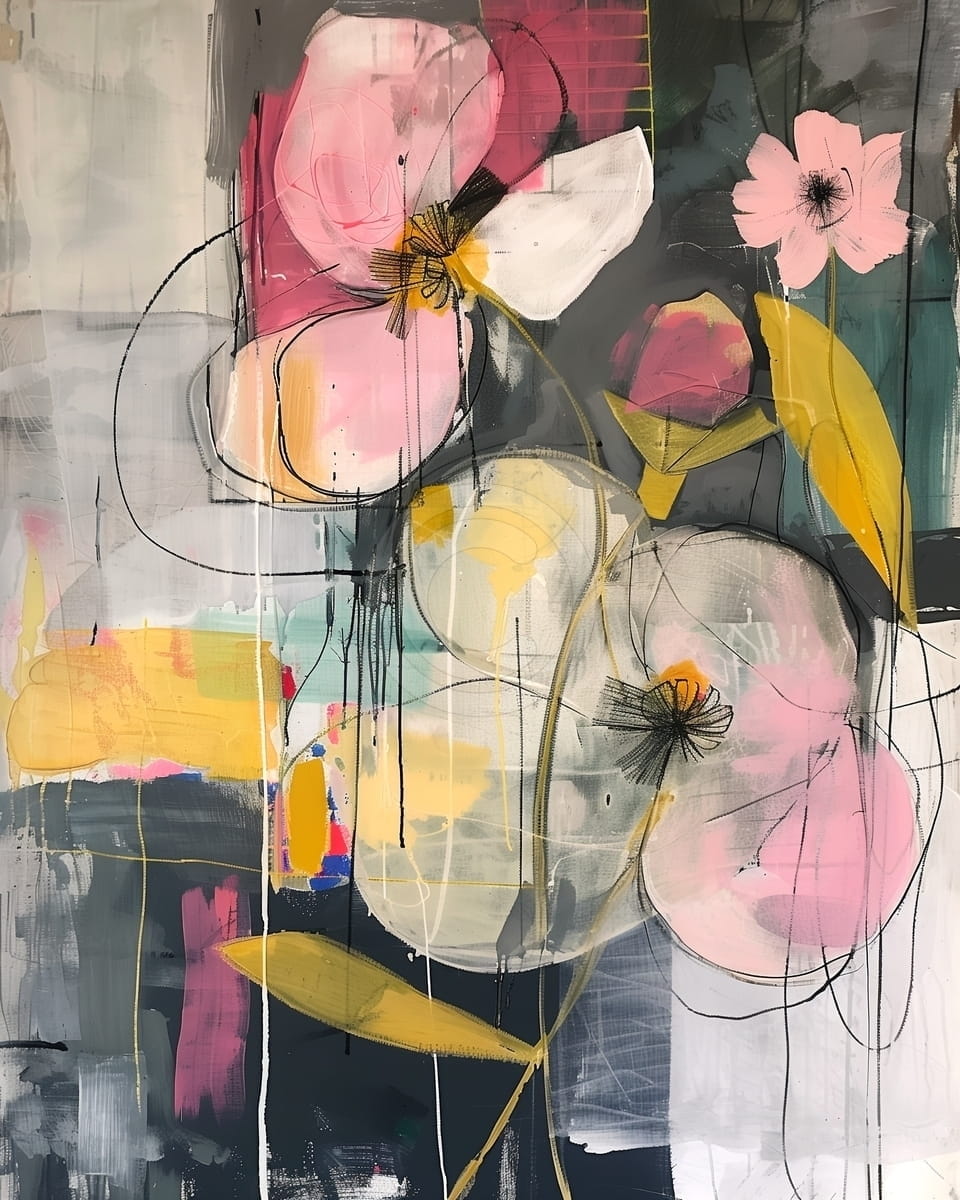 Tablou Flori abstracte roz si galben