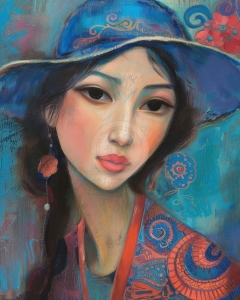 Portret femeie asiatica cu palarie albastra