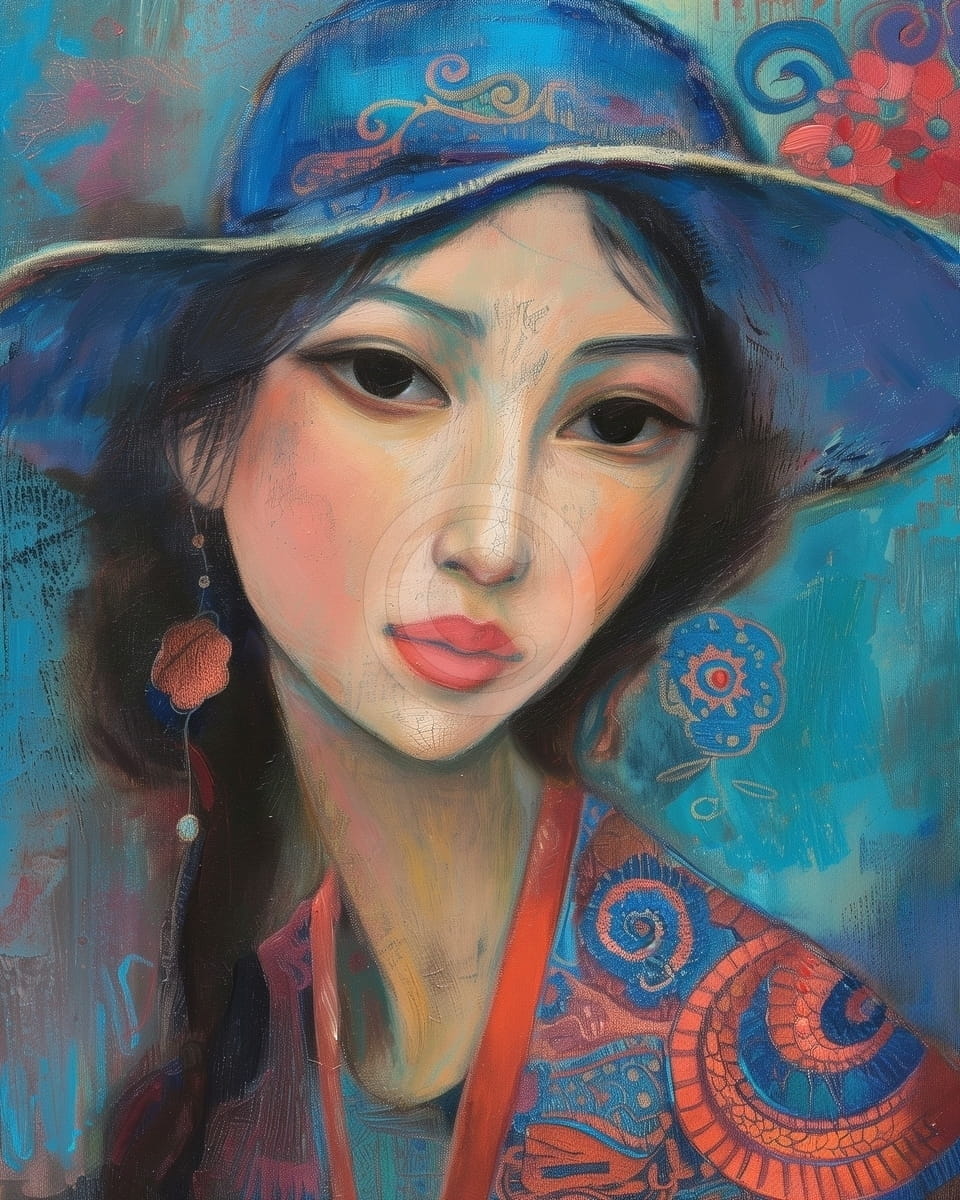 Tablou Portret femeie asiatica cu palarie albastra