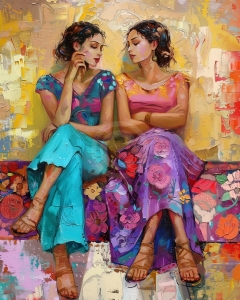 Doua femei in rochii colorate