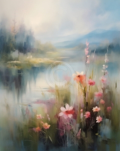 Peisaj cu flori langa lac