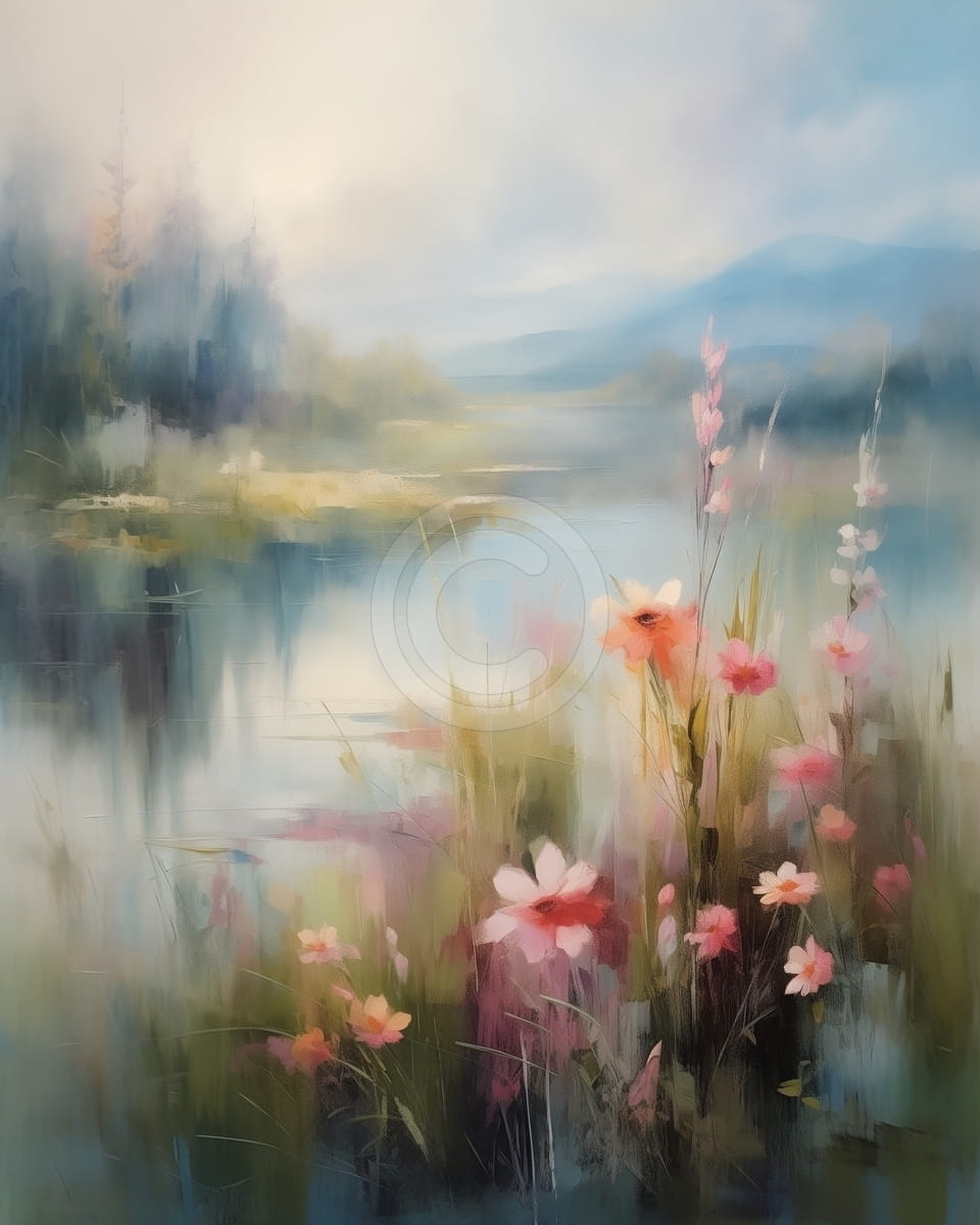 Tablou Peisaj cu flori langa lac