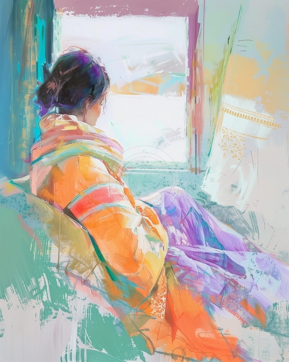 Femeie la fereastra in culori pastel