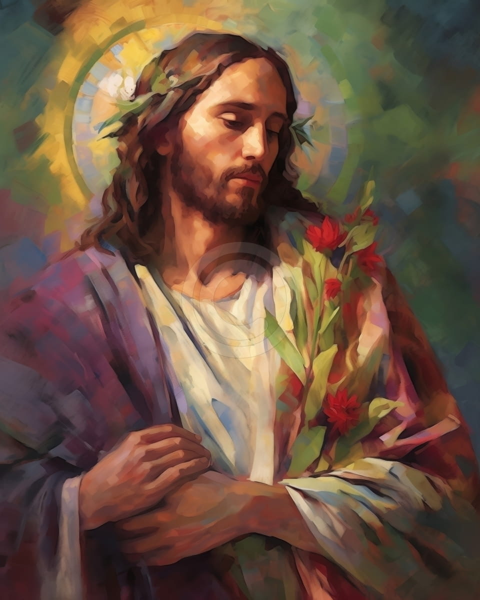 Tablou Iisus cu flori si aureola