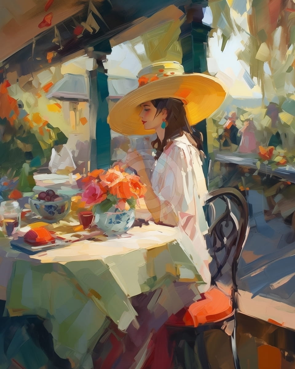 Tablou Femeie la terasa cu palarie galbena