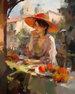 Femeie cu palarie la cafenea in aer liber