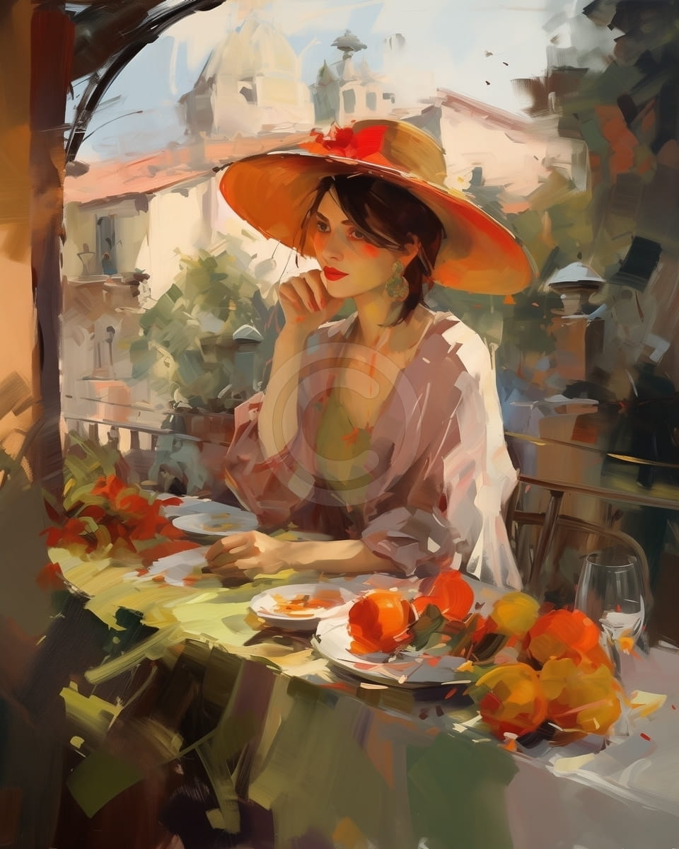 Tablou Femeie cu palarie la cafenea in aer liber