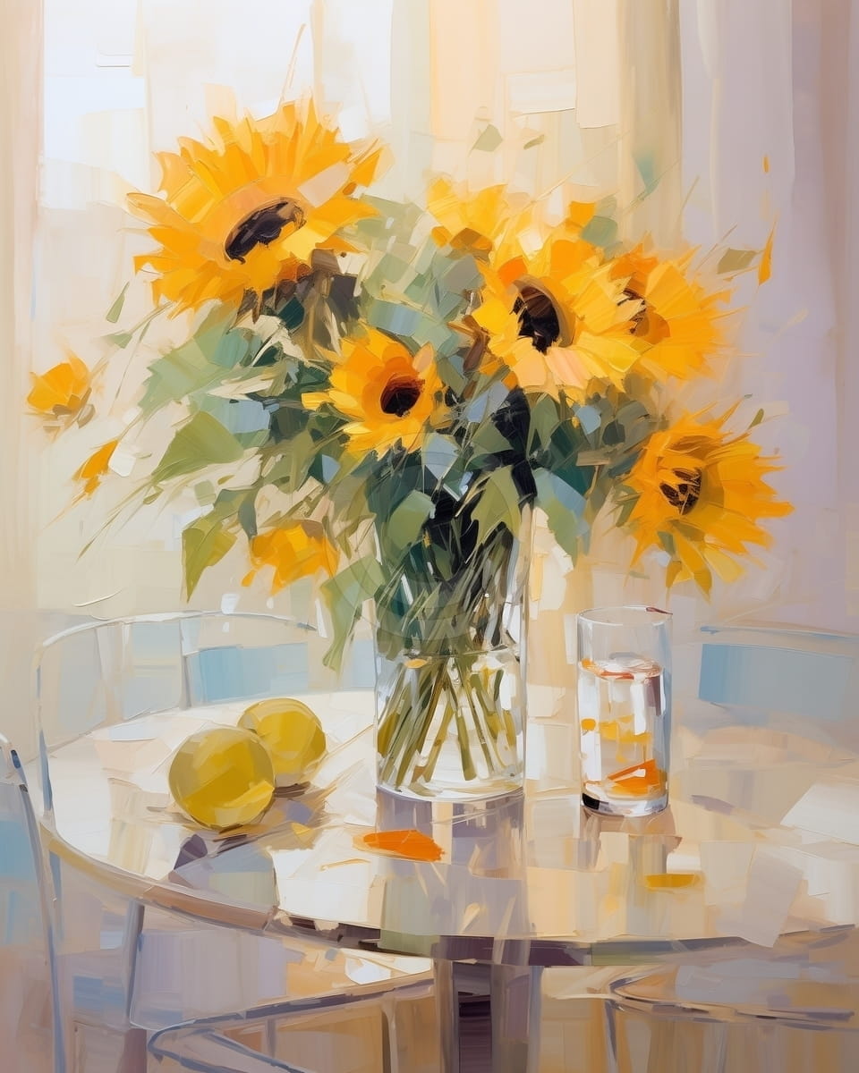 Tablou Flori de floarea-soarelui in vaza pe masa