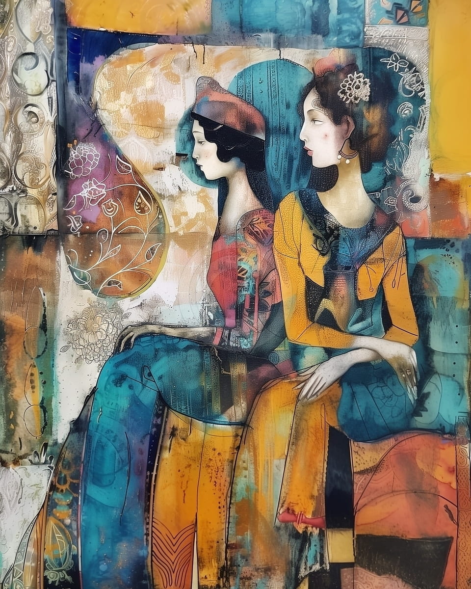 Tablou Doua femei asezate in decor ornamental