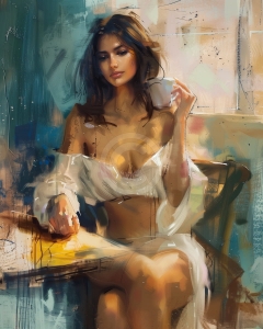 Femeie cu ceasca in lumina diminetii