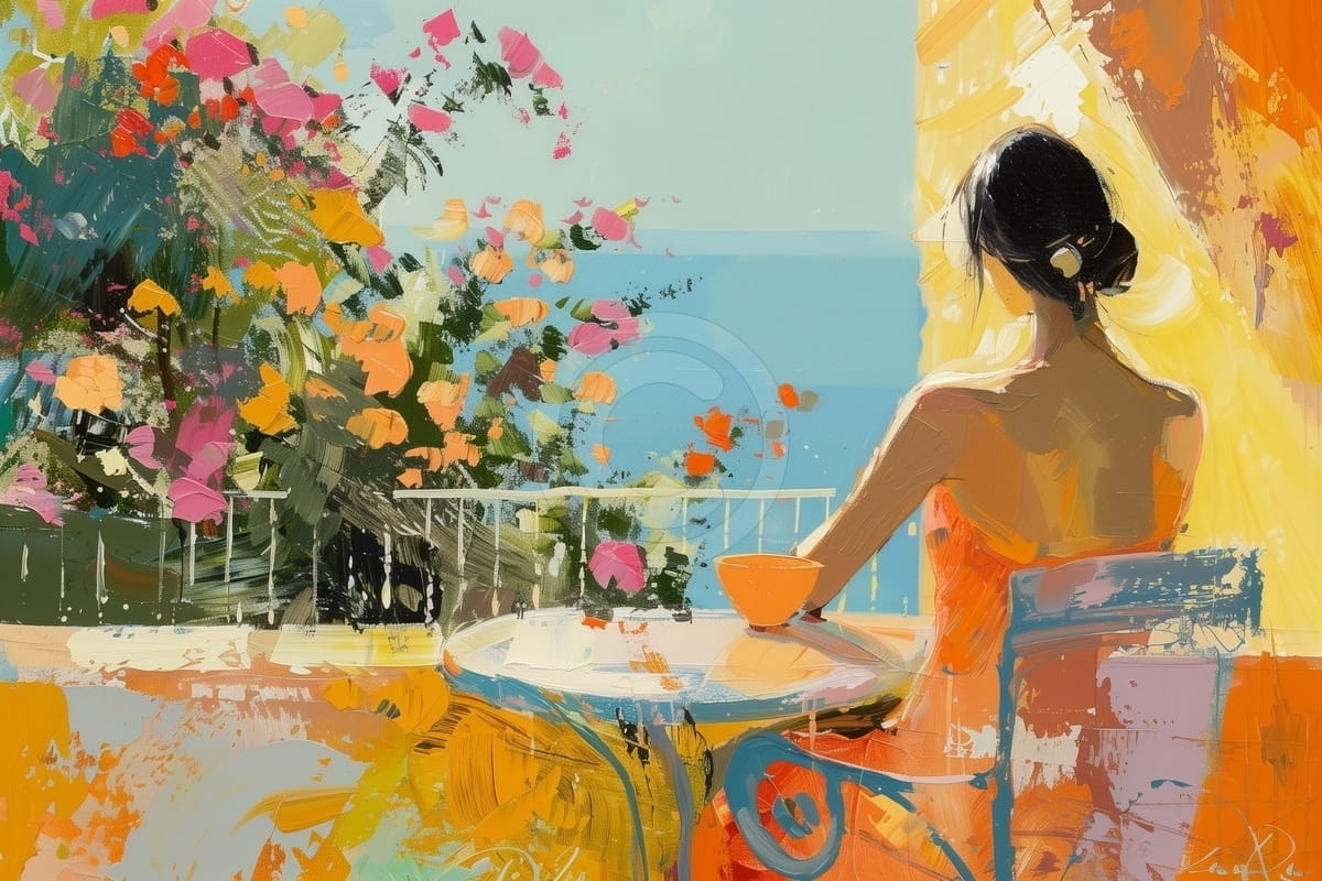 Tablou Femeie pe terasa cu vedere la mare