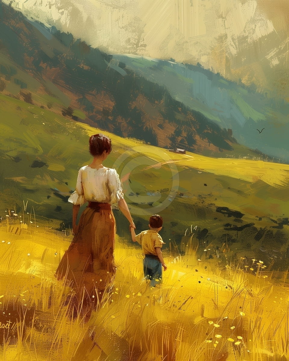 Tablou Mama si copilul pe colina