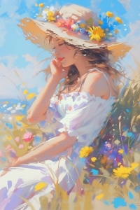 Fata cu palarie printre flori de vara