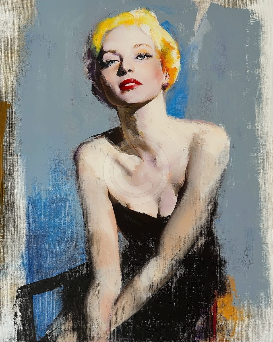 Tablou Portret de femeie cu par blond si rochie neagra