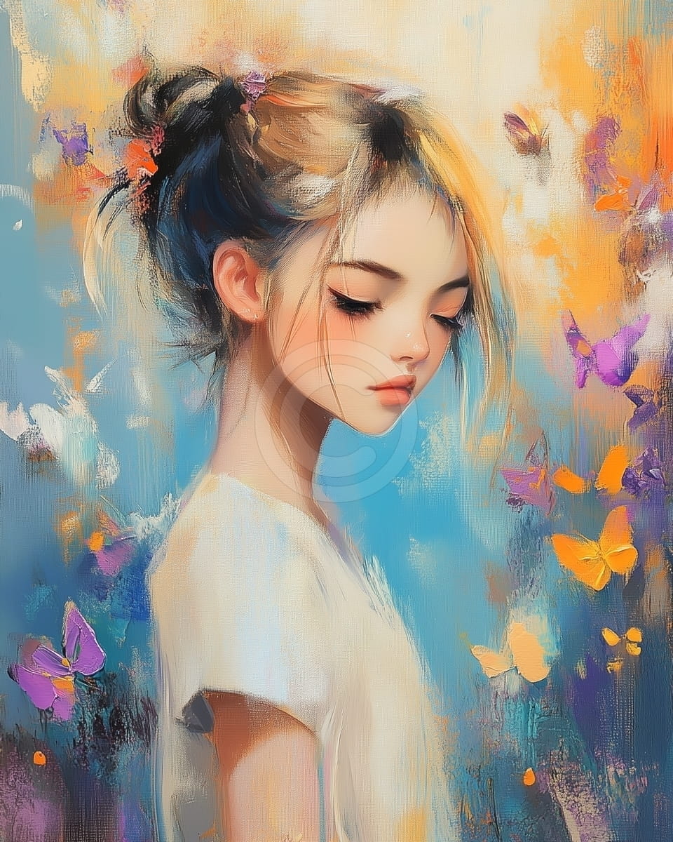 Tablou Fata cu fluturi colorati