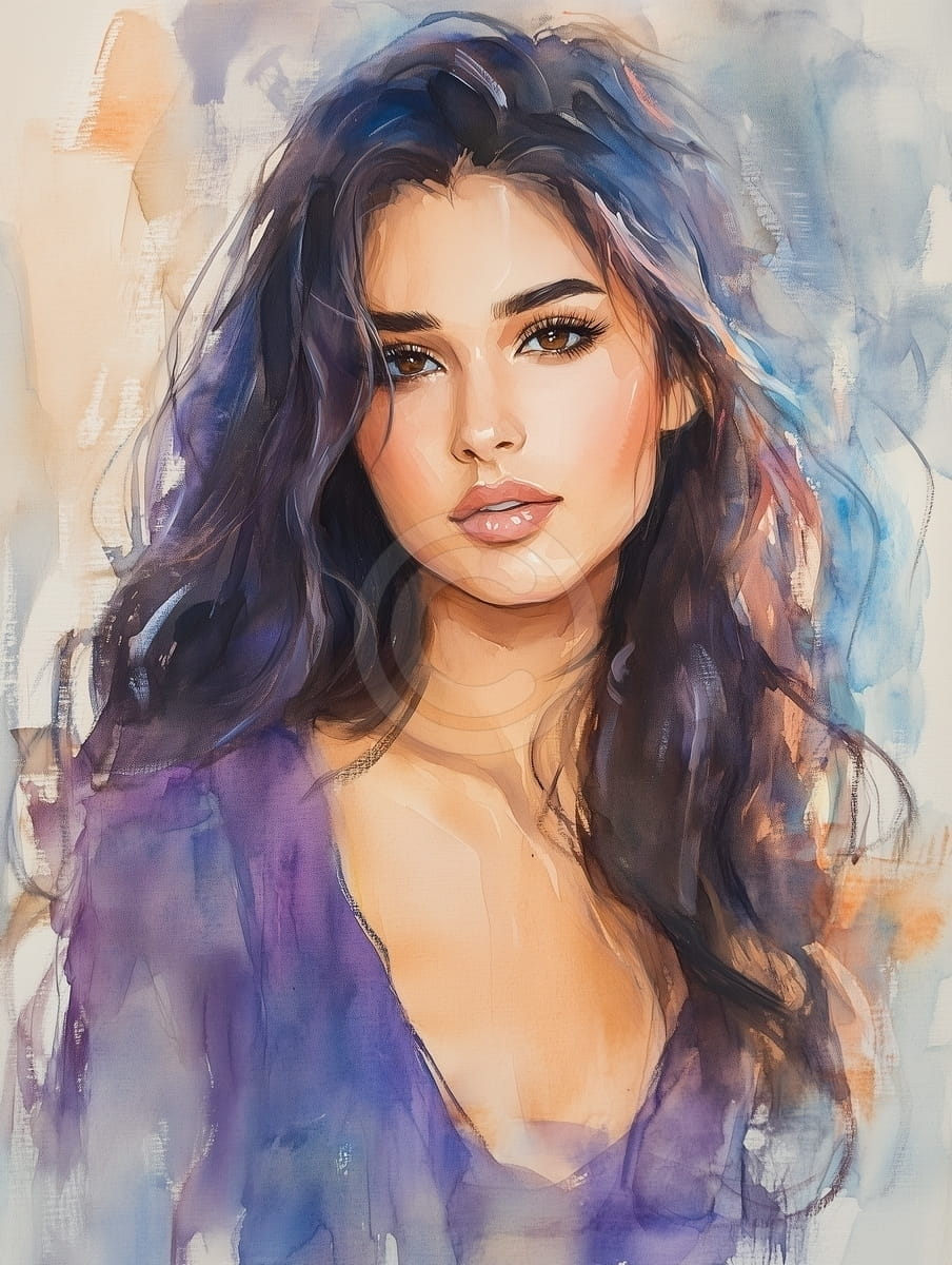 Tablou Portret de Femeie cu Par Negru in Rochie Mov