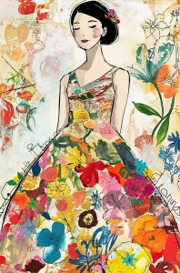 Femeie in Rochie cu Flori Colorate