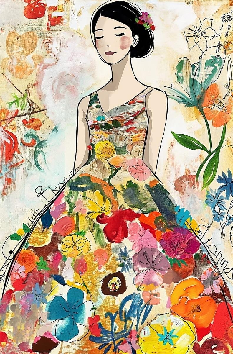 Tablou Femeie in Rochie cu Flori Colorate