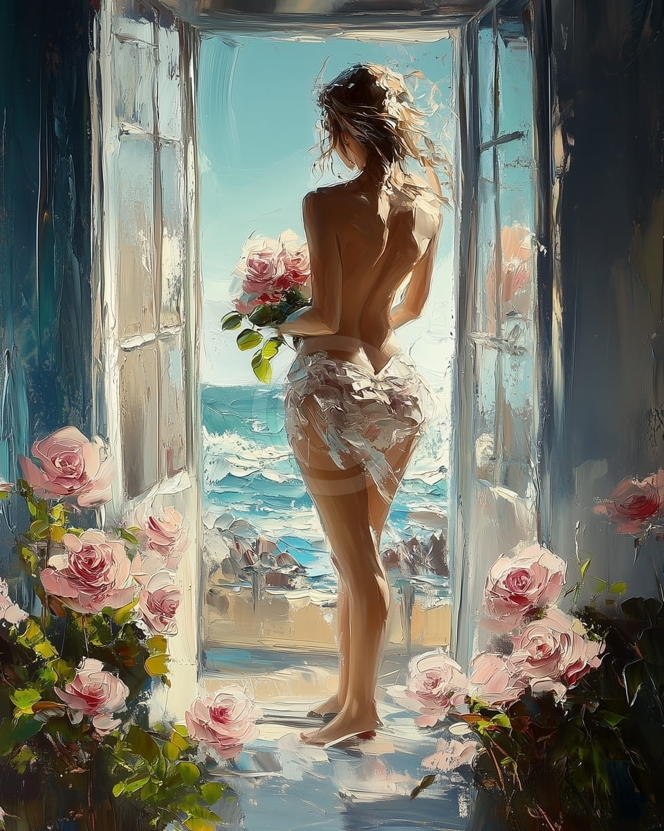 Tablou Femeie la Fereastra cu Buchet de Trandafiri