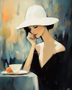 Femeie cu Palarie Alba la Cafea