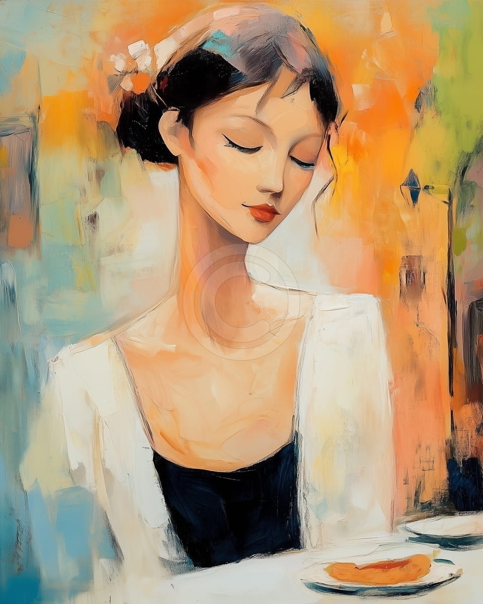 Tablou Femeie cu ochii inchisi la o terasa