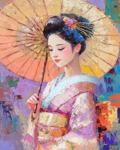 Geisha cu umbrela in culori pastel