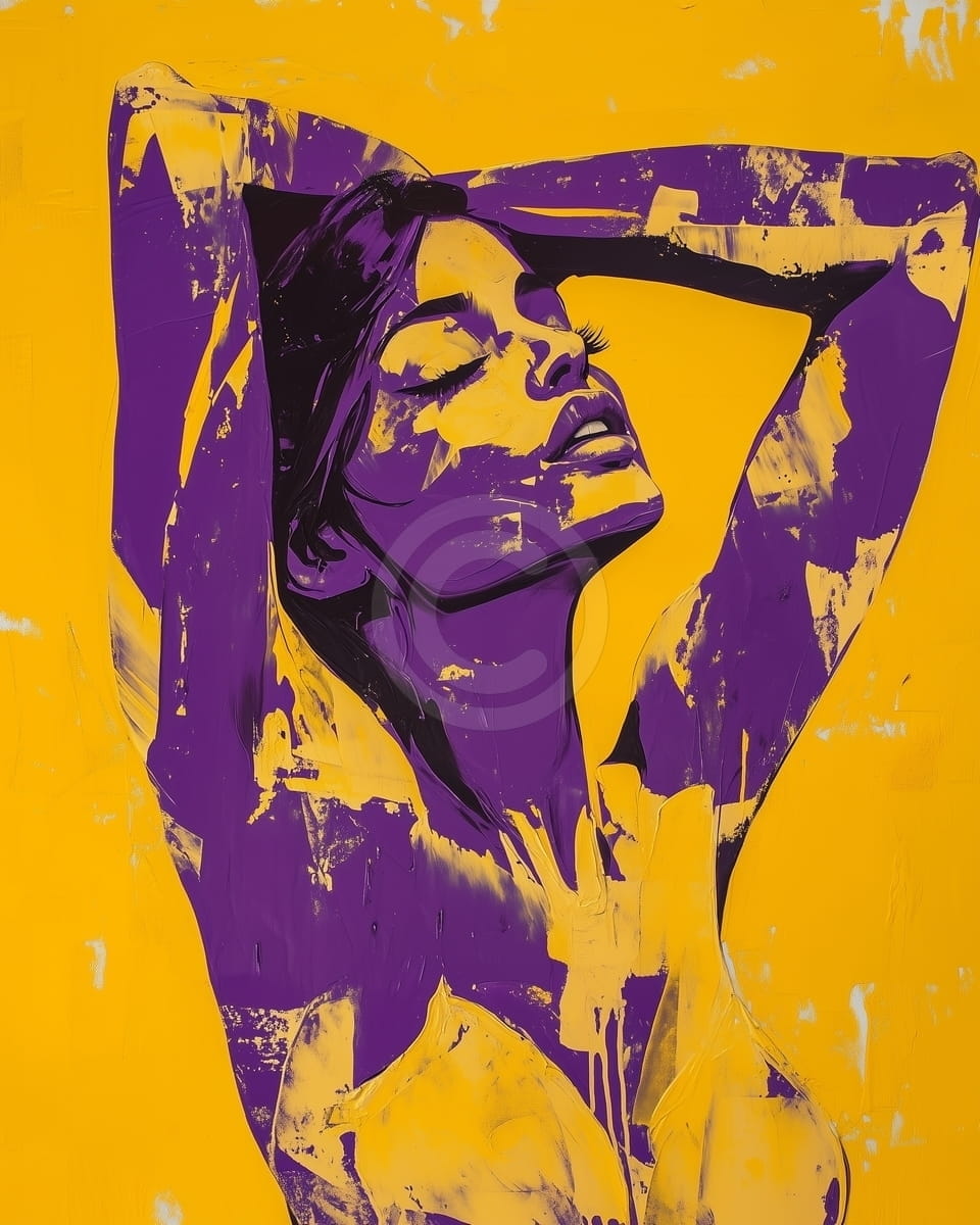 Tablou Femeie in violet pe fundal galben