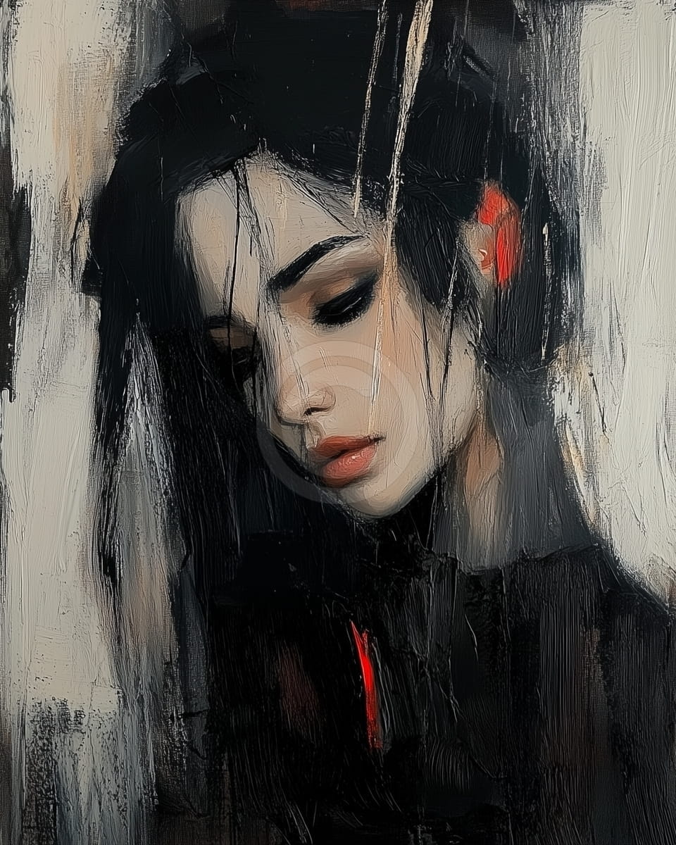 Tablou Portret femeie cu par negru si expresie melancolica