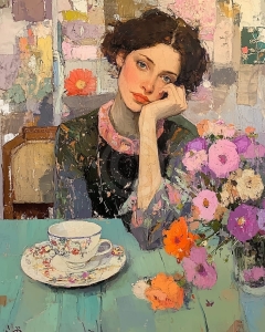 Femeie melancolica la masa cu flori