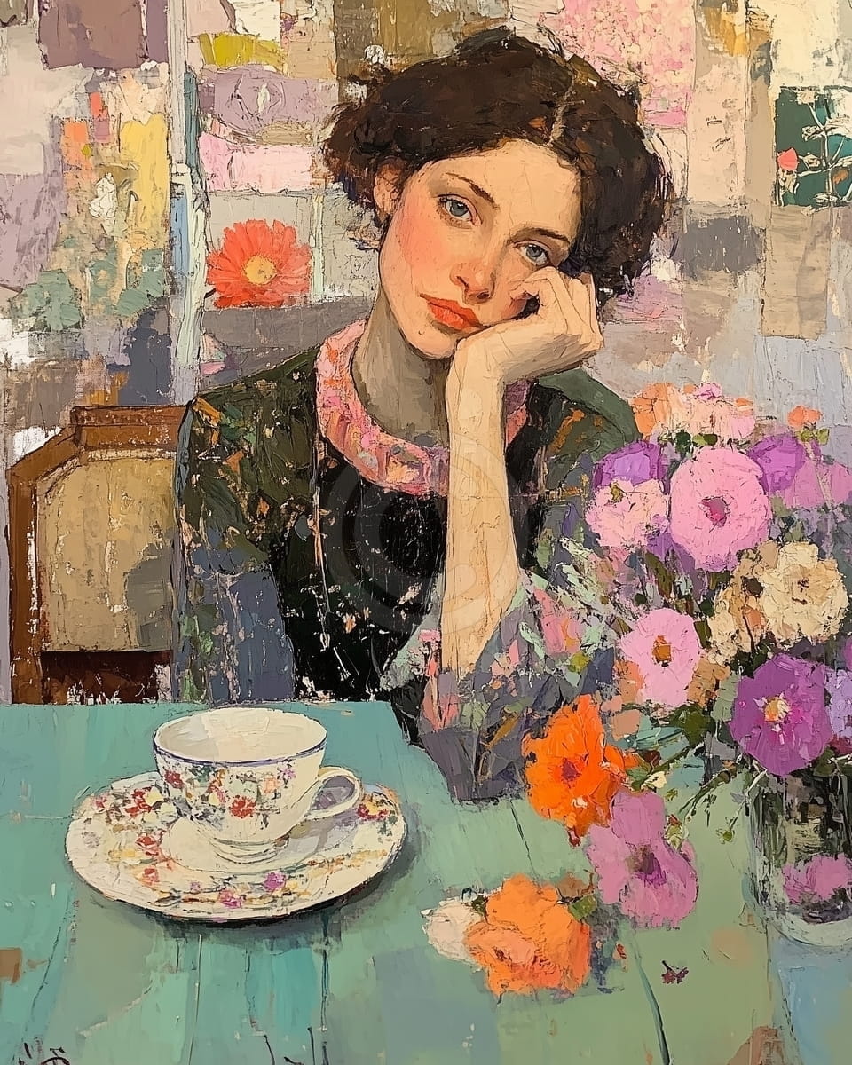 Tablou Femeie melancolica la masa cu flori