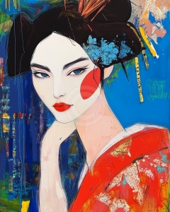 Femeie asiatica in kimono rosu pe fundal albastru