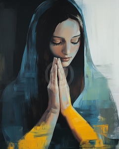 Femeie in rugaciune cu mantie albastra