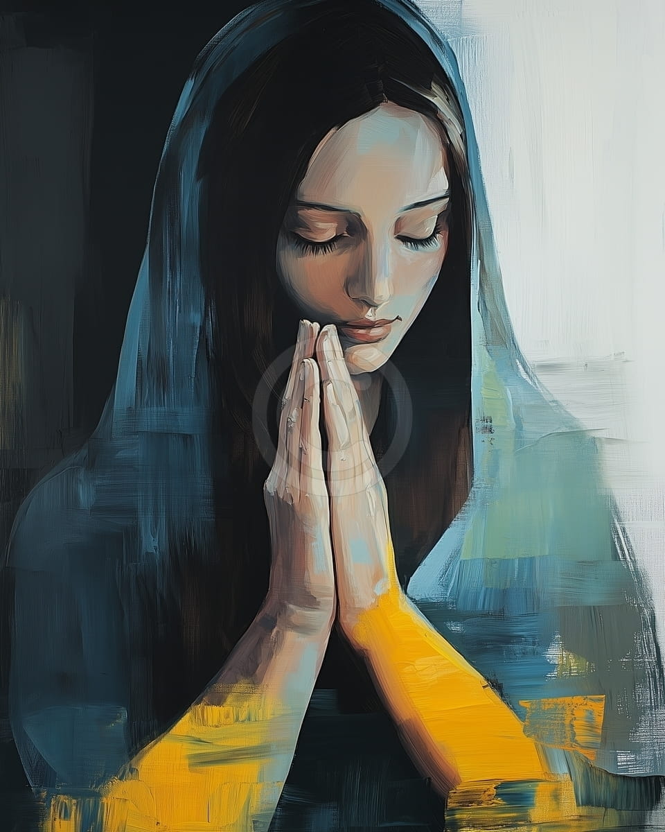 Tablou Femeie in rugaciune cu mantie albastra