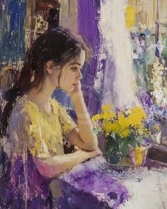 Fata la fereastra cu flori