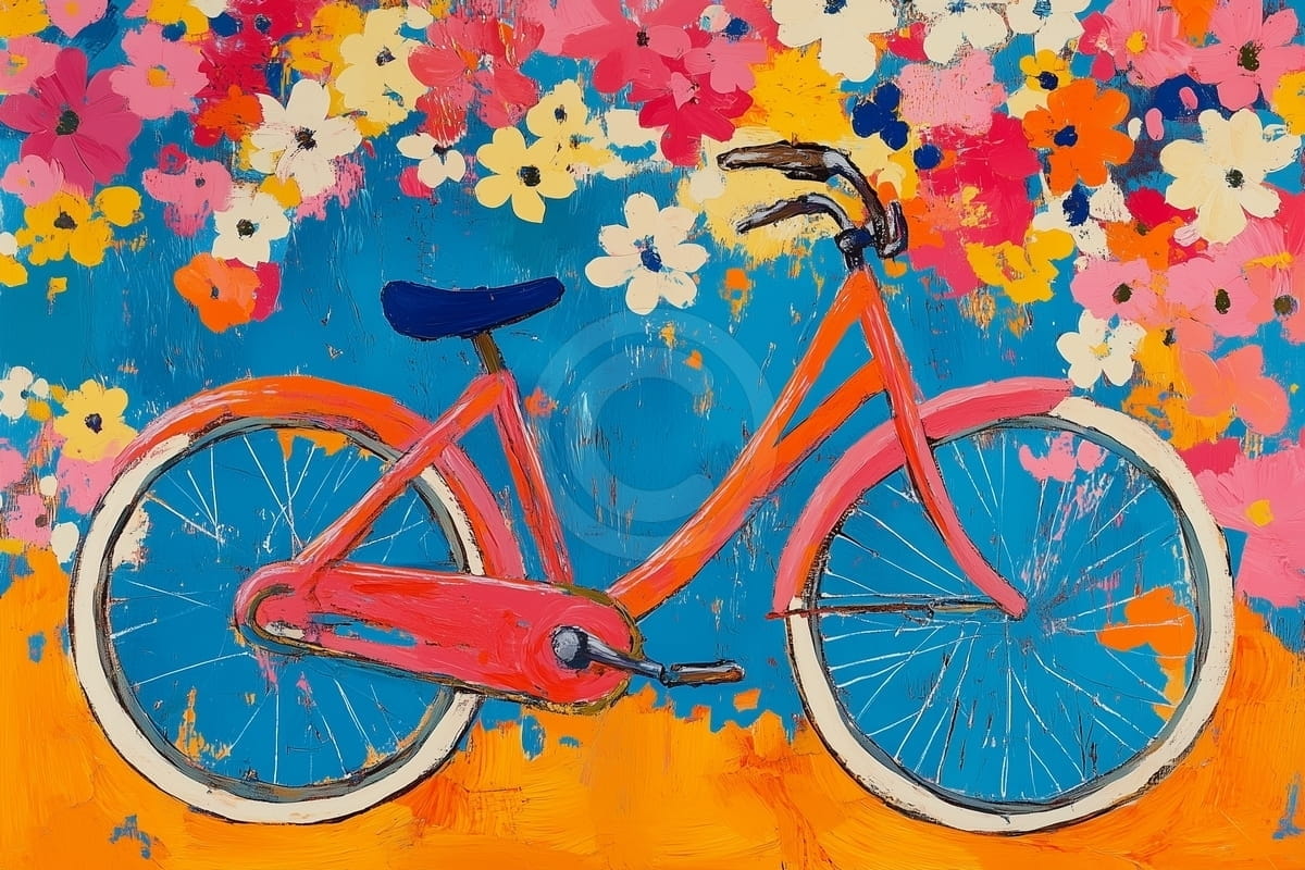 Tablou Bicicleta roz in camp de flori