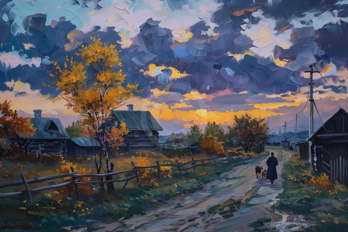 Tablou Apus in satul de toamna