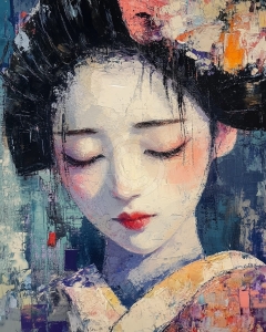 Femeie asiatica cu ochii inchisi si kimono