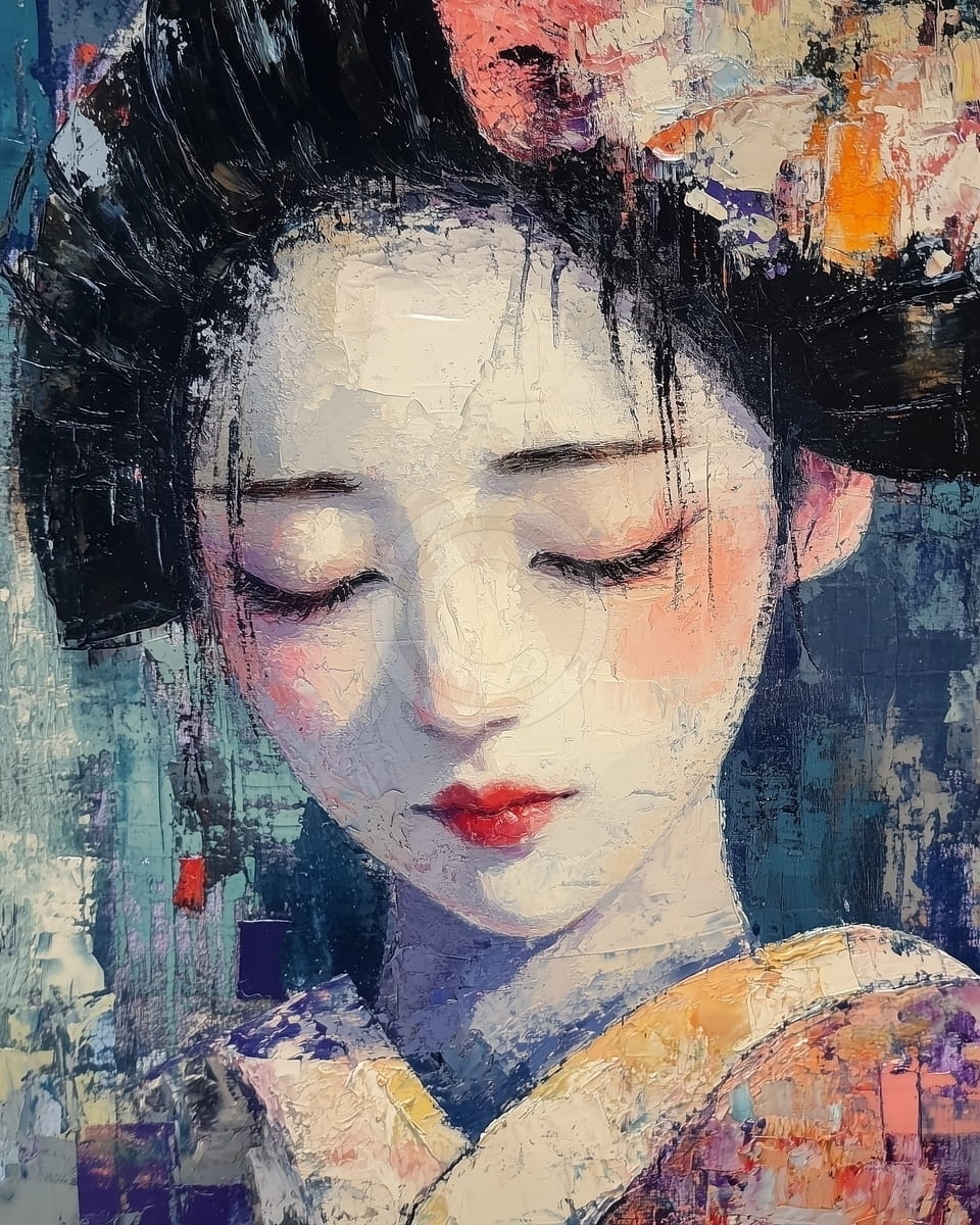 Tablou Femeie asiatica cu ochii inchisi si kimono