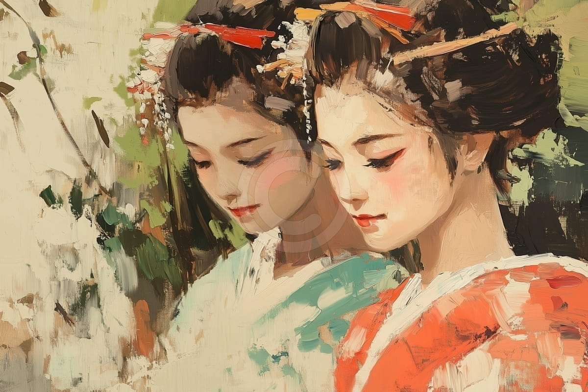 Tablou Doua femei asiatice cu kimono in natura