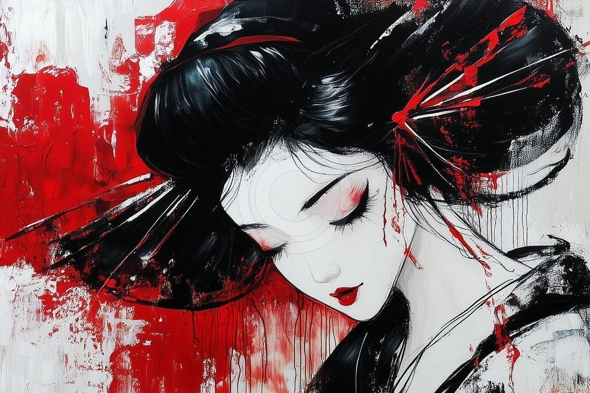 Tablou Femeie asiatica cu fundal rosu si alb