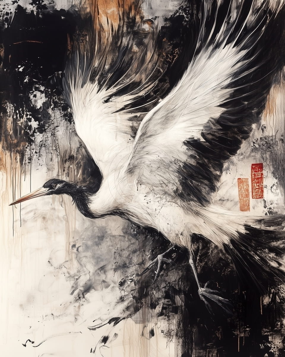 Tablou Cocor alb in zbor pe fundal negru