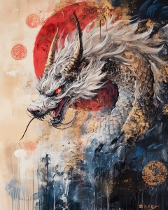 Dragon alb cu ochi rosii pe fundal rosu