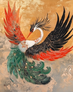 Pasare fantastica cu aripi colorate pe fundal auriu